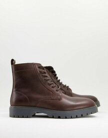 エイソス メンズ ブーツ・レインブーツ シューズ ASOS DESIGN lace up boots in brown leather with chunky sole Brown