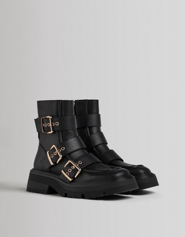 ベルシュカ レディース ブーツ・レインブーツ シューズ Bershka chunky boot with square toe and buckle  detail in black black - www.edurng.go.th