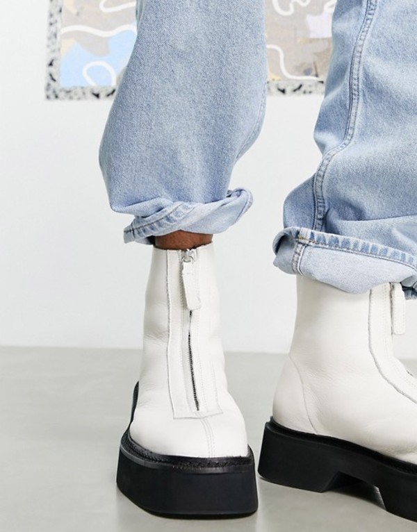送料無料 サイズ交換無料 お求めやすく価格改定 テレビで話題 エイソス メンズ シューズ ブーツ レインブーツ White ASOS DESIGN chelsea calf front sole chunky with zip white off detail on leather in boots
