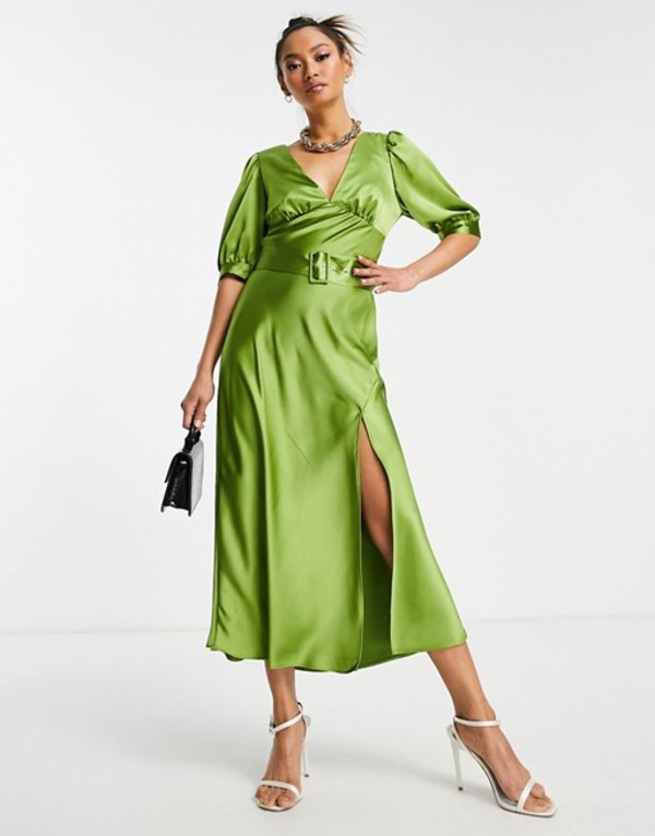 エイソス レディース ワンピース トップス ASOS DESIGN belted satin midi tea dress in green GREEN ワンピース