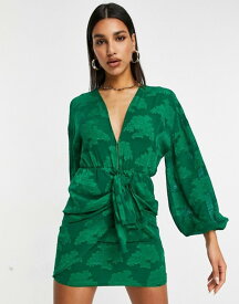 エイソス レディース ワンピース トップス ASOS DESIGN plunge tie front mini dress in floral jacquard in green Green