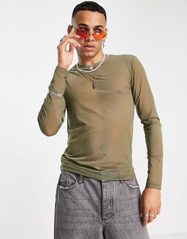 エイソス メンズ Tシャツ トップス ASOS DESIGN muscle long sleeve T-shirt in khaki mesh in recycled polyester Vetiver