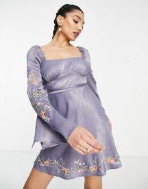 エイソス レディース ワンピース トップス ASOS DESIGN satin bias cut mini dress with pop floral embroidery Light Blue