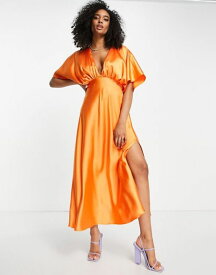 エイソス レディース ワンピース トップス ASOS DESIGN wrap front batwing sleeve satin midi dress in orange ORANGE