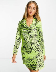 リバーアイランド レディース ワンピース トップス River Island satin cowl neck warped snake print mini dress in green GREEN