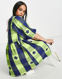 コルージョン レディース ワンピース トップス COLLUSION twill gingham mini smock dress in green Multi