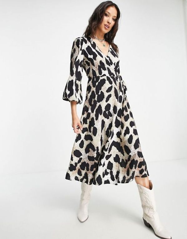オブジェクト レディース ワンピース トップス Object long sleeve midi wrap dress in leopard LEOPARD PRINT
