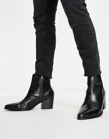 エイソス メンズ ブーツ・レインブーツ シューズ ASOS DESIGN heeled chelsea boots with pointed toe in black leather Black