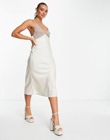 エイソス レディース ワンピース トップス ASOS DESIGN color block satin midi dress with chiffon bodice detail in stone Stone