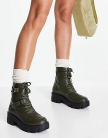グラマラス レディース ブーツ・レインブーツ シューズ Glamorous lace-up flat ankle boots with buckles in olive Olive