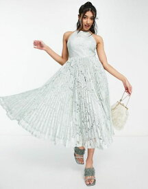 エイソス レディース ワンピース トップス ASOS DESIGN pinny midi prom dress in pleated lace in sage Sage