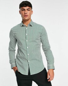 エイソス メンズ シャツ トップス ASOS DESIGN skinny fit stripe shirt in dark green GREEN