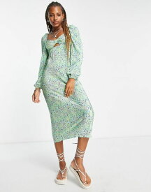 【送料無料】 エイソス レディース ワンピース トップス ASOS DESIGN plisse long sleeve bust detail midi dress in green ditsy floral Green ditsy