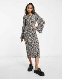 【送料無料】 モンキ レディース ワンピース トップス Monki long sleeve smock midi dress in leopard print BROWN