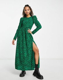 【送料無料】 モンキ レディース ワンピース トップス Monki long sleeve dress in green leopard print with slit Green