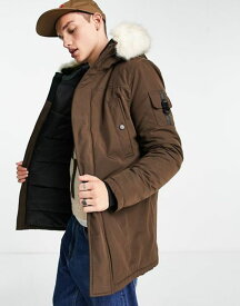 【送料無料】 シックスジュン メンズ ジャケット・ブルゾン アウター Sixth June parka jacket in brown with fur hood and buckle detail BROWN