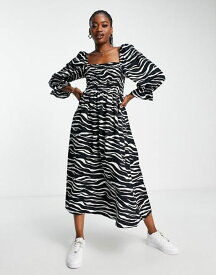 【送料無料】 ニュールック レディース ワンピース トップス New Look puff sleeve zebra print midi dress in black Black