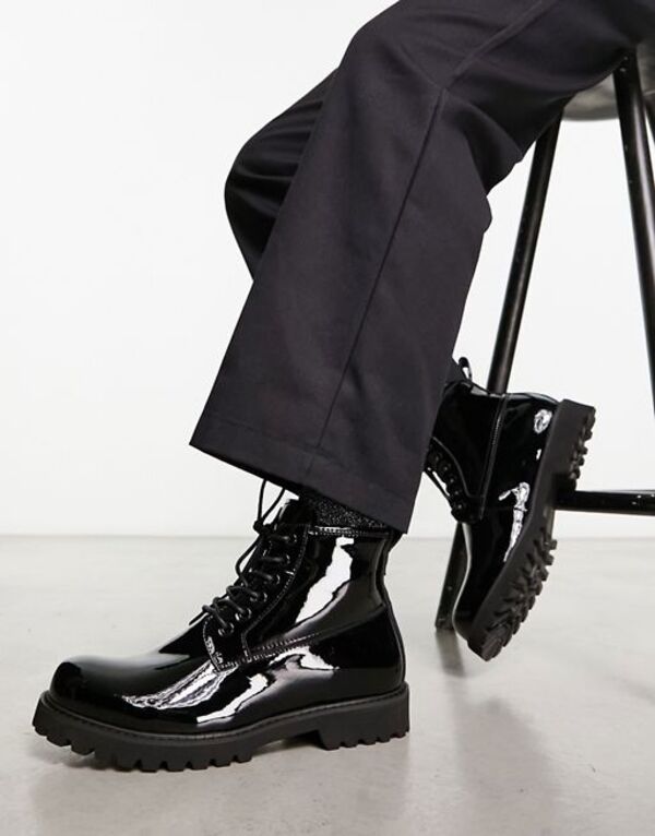 【送料無料】 デビルズ アドボケート メンズ ブーツ・レインブーツ シューズ Devils Advocate chunky patent leather lace up boots in black BLACK PATENT