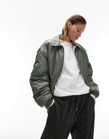 【送料無料】 トップショップ レディース ジャケット・ブルゾン アウター Topshop reversible collared nylon bomber jacket with stripe in khaki Khaki