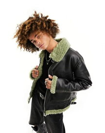 【送料無料】 エイソス メンズ ジャケット・ブルゾン アウター ASOS DESIGN faux leather aviator jacket with green contrast shearling collar Black