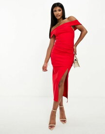 【送料無料】 ベスパー レディース ワンピース トップス Vesper bardot thigh split midi dress in red RED