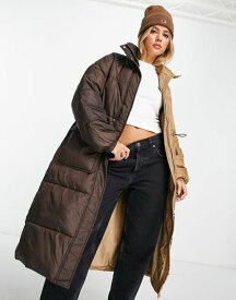 【送料無料】 ヴィラ レディース ジャケット・ブルゾン アウター Vila spliced longline padded coat in brown and beige BROWN