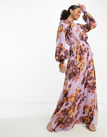 【送料無料】 エイソス レディース ワンピース トップス ASOS DESIGN elasticated neck trapeze maxi dress with tie waist and shirred cuff in bold floral print LILAC MUSTARD FLORAL