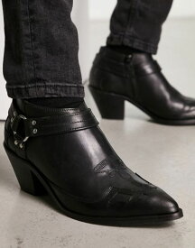 【送料無料】 エイソス メンズ ブーツ・レインブーツ シューズ ASOS DESIGN heeled western boots in black leather Black