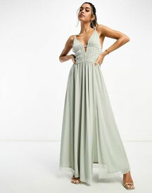 【送料無料】 エイソス レディース ワンピース トップス ASOS DESIGN cami ruched lace up back maxi dress in sage green SAGE GREEN