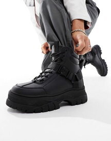【送料無料】 エイソス メンズ ブーツ・レインブーツ シューズ ASOS DESIGN lace up boots in black faux leather with chunky sole Black