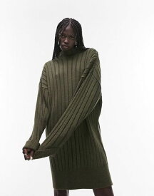 【送料無料】 トップショップ レディース ワンピース トップス Topshop knitted oversized ribbed funnel mini dress in khaki Khaki