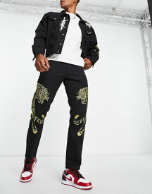 【送料無料】 リキュールアンドポーカー メンズ デニムパンツ ボトムス Liquor N Poker straight leg denim jeans in black with tiger embroidery - part of a set Black