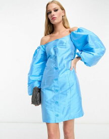【送料無料】 リバーアイランド レディース ワンピース トップス River Island satin button up puff sleeve bardot mini dress in bright blue BLUE
