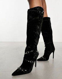 【送料無料】 パブリックデザイア レディース ブーツ・レインブーツ シューズ Public Desire Worthy buckle detail heeled boots in black velvet BLACK VELVET