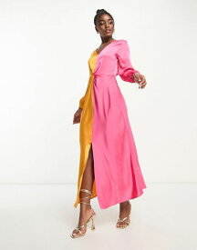 【送料無料】 モンキ レディース ワンピース トップス Monki long sleeve ruched satin color block front maxi dress in multi Multi