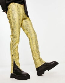 【送料無料】 エイソス メンズ デニムパンツ ボトムス ASOS DESIGN skinny leather-look pants in yellow snake print with zip detail Yellow