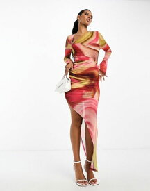 【送料無料】 エイソス レディース ワンピース トップス ASOS DESIGN mesh asymmetric cut out midi dress in smudge print Red Smudge