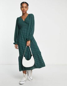 【送料無料】 ニュールック レディース ワンピース トップス New Look puff long sleeve midi wrap dress in dark green check Dark Green