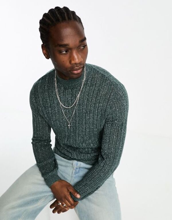 【送料無料】 エイソス メンズ カーディガン アウター ASOS DESIGN knitted sweater with turtle neck in metallic green pointelle GREEN