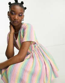 【送料無料】 デイジーストリート レディース ワンピース トップス Daisy Street linen mini smock dress in rainbow stripe Rainbow linen