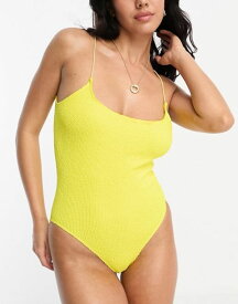 【送料無料】 エイソス レディース 上下セット 水着 ASOS DESIGN crinkle scoop neck skinny strap swimsuit in yellow YELLOW