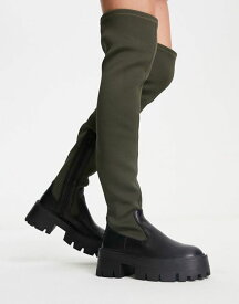 【送料無料】 エイソス レディース ブーツ・レインブーツ シューズ ASOS DESIGN Kellis chunky flat over the knee boots in black and olive Black/khaki