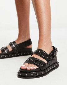 【送料無料】 エイソス レディース サンダル シューズ ASOS DESIGN Focused leather studded flat sandals in black Black