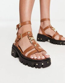 【送料無料】 エイソス レディース サンダル シューズ ASOS DESIGN Forrest leather strappy chunky flat sandals in tan TAN