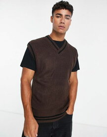 【送料無料】 ニュールック メンズ ベスト トップス New Look tipped fisherman sweater vest in dark brown Dark Brown