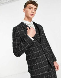 【送料無料】 エイソス メンズ ジャケット・ブルゾン アウター ASOS DESIGN super skinny wool mix suit jacket in black and charcoal windowpane plaid Black