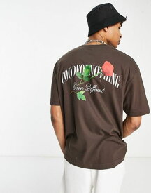 【送料無料】 グッドフォーナッシング メンズ Tシャツ トップス Good For Nothing oversized t-shirt in brown with chest and back rose logo print Black