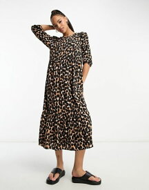 【送料無料】 ニュールック レディース ワンピース トップス New Look puff sleeve smock midi dress in leopard print Brown
