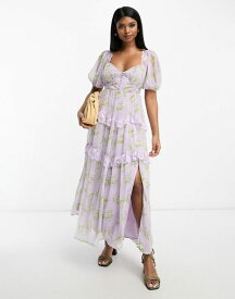 【送料無料】 エイソス レディース ワンピース トップス ASOS DESIGN open back lace insert midi tea dress in lilac ditsy floral Lilac floral print