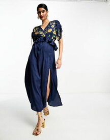 【送料無料】 エイソス レディース ワンピース トップス ASOS DESIGN embroidered satin midi dress with frill waist in navy NAVY